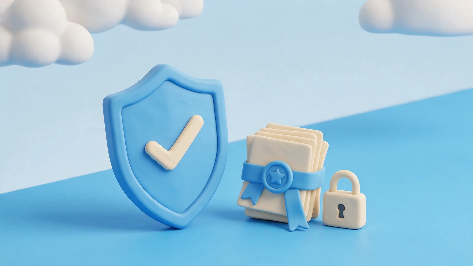 A shield with a check mark, sealed documents and a padlock: audit reports and data protection