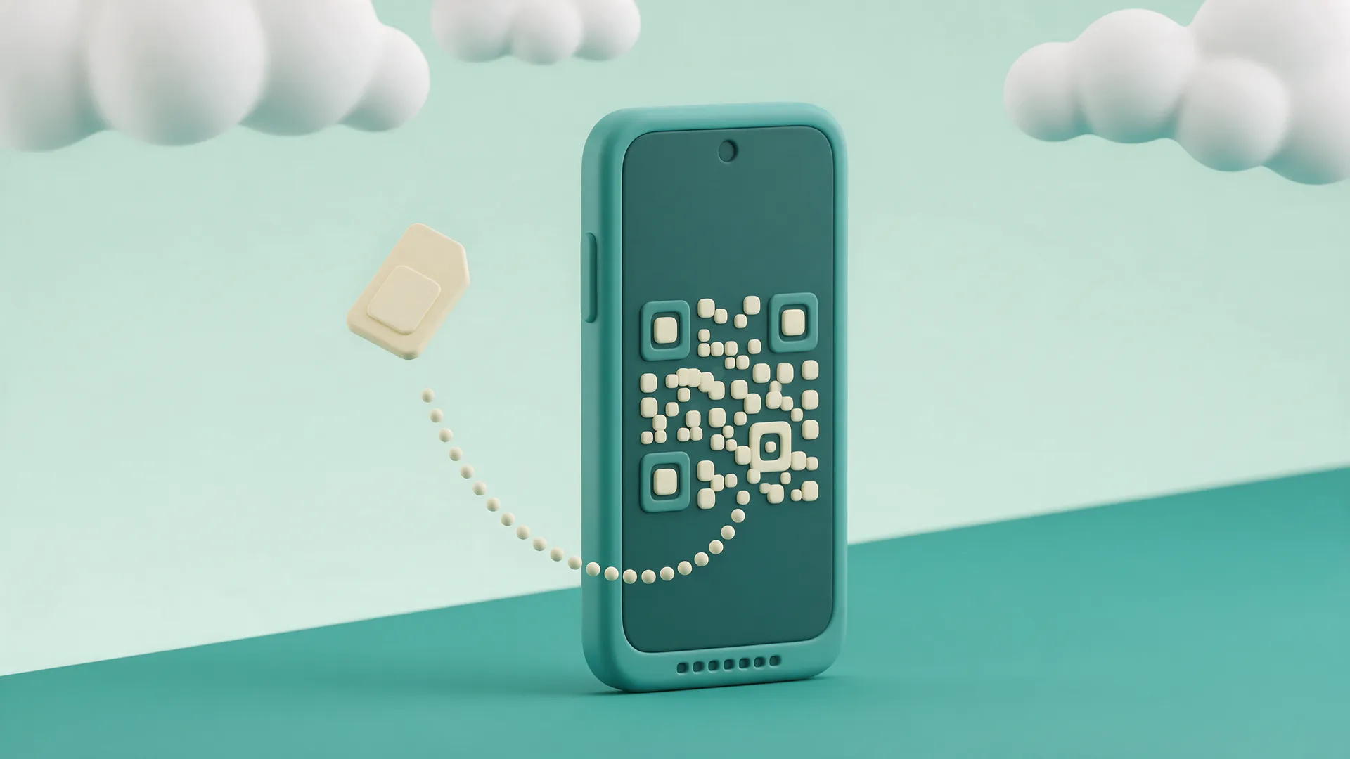 A phone showing a QR code with a SIM card arcing into it: an eSIM delivered by QR code