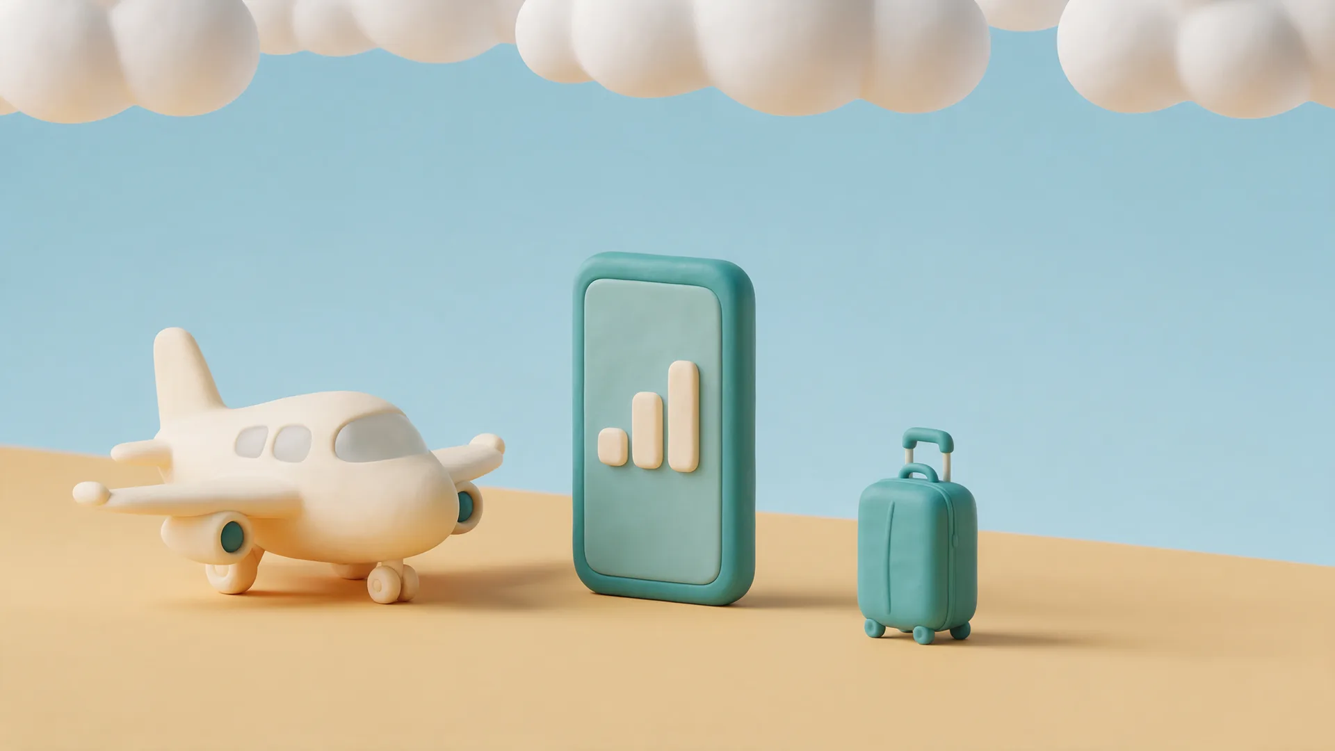 A clay airplane, a phone showing full signal bars and a suitcase: a traveller online the moment they land
